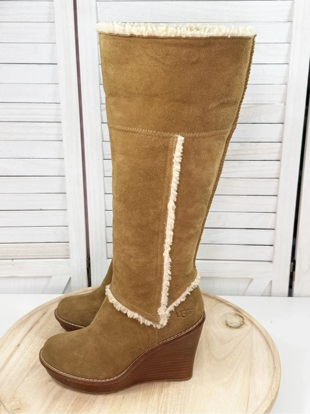 Ugg Aubrie Suede Shearling Wedge Heel Knee High Boots Tan 7.5 Boho Retro - Picture 4 of 12